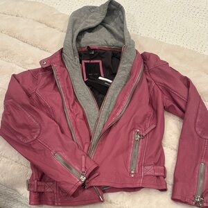 NWT Pink Leather Jacket with removable Gray Hood